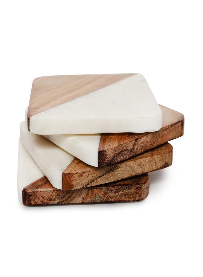 Gokraftly White Marble and Wooden Coasters Set of 4 for Tea Coasters - Handcrafted Coaster Gift Items (Square with Wood 1) - Image 1